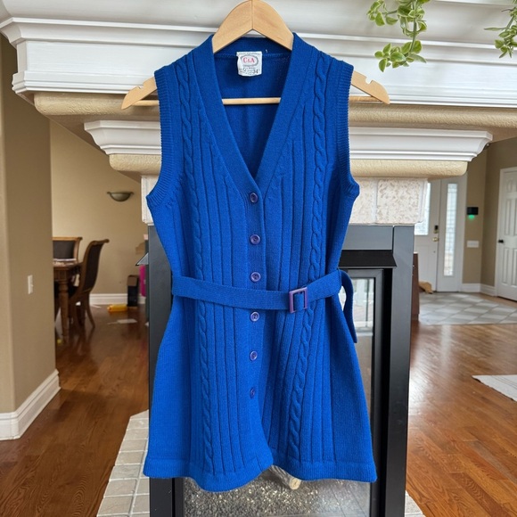 Vintage America Jackets & Blazers - Vintage Retro Blue Cable Knit Belted Sweater Vest Wool Royal Blue